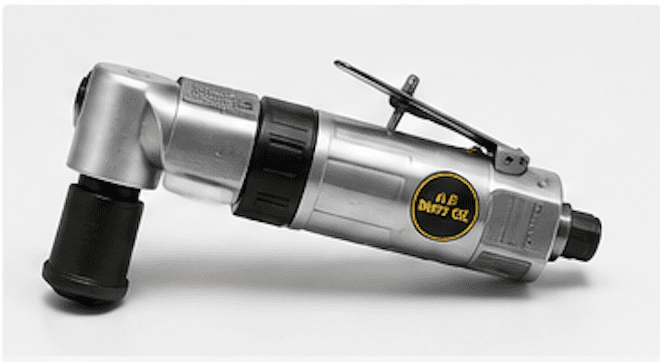 Pneumatic angle die grinder with metal body, throttle lever, and collet head