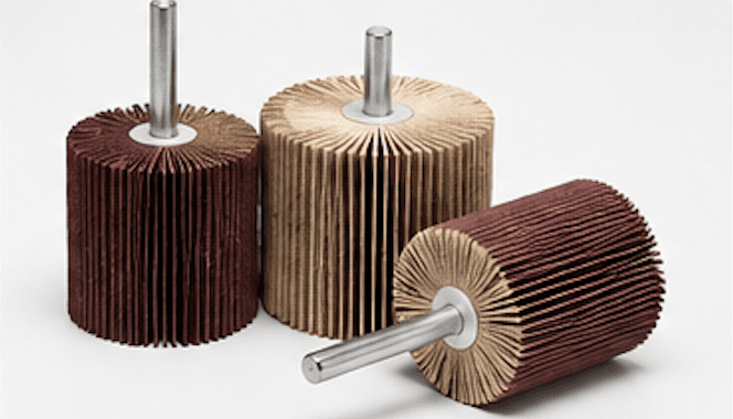 Mounted flap wheels with metal shanks in reddish-brown and tan abrasive cloth