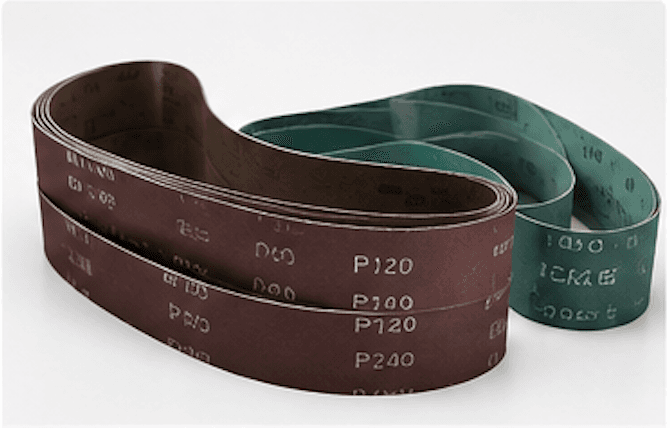 Coiled abrasive sanding belts in reddish-brown and teal, marked P100, P120, and P240