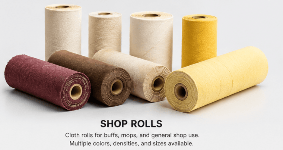Cloth shop rolls in maroon, brown, beige, and yellow for buffs, mops, and general shop use