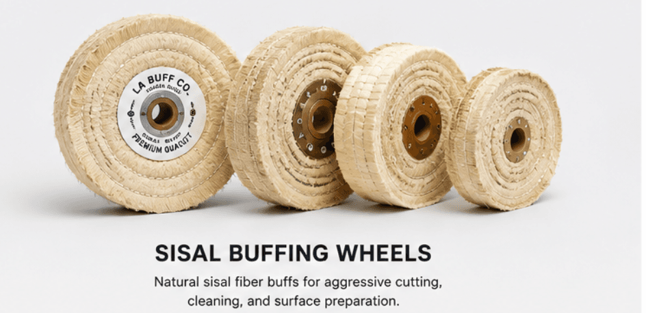 Sisal buffing wheels in graduated sizes with LA Buff Co. premium quality labels