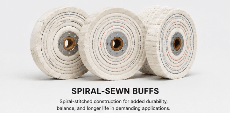 Three white spiral-sewn buffing wheels with metal hubs and spiral stitching